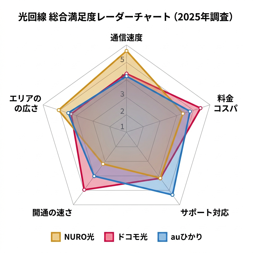 光回線 総合満足度レーダーチャート（NURO光・ドコモ光・auひかり比較）